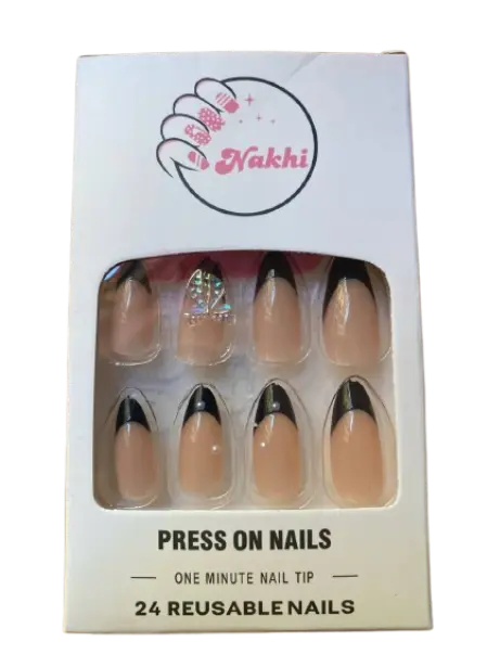 Nakhi 24 Reusable Nails ម៉ូតក្រចកឆ្នូតខ្មៅនិងបូ 24pcs