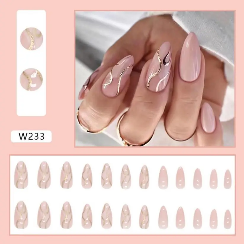 False Nail ម៉ូតពណ៌ផ្កាឈូកស្រាលលាយខ្សែមាស 24pcs
