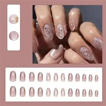 Reusable Nails ម៉ូតស្លាបមេអំបៅនិងរលោងពណ៌សាច់ 24pcs