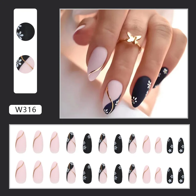 Reusable Nails ម៉ូតពណ៌ខ្មៅលាយពណ៌សាច់ 24pcs