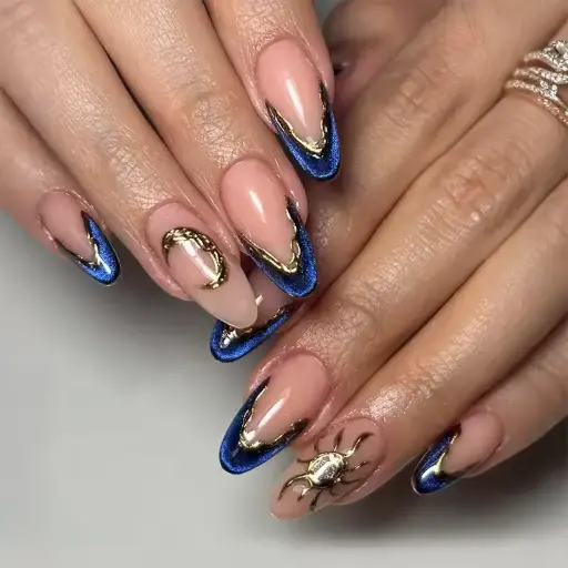 [401045] Beautiful Nail ម៉ូតស្រួចឆ្នូតបៃតងនិងត្បូងមួយ 24nails