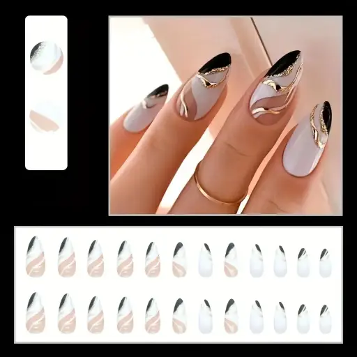 [401085] Nails Delicate&Comfortable ម៉ូតឆ្នូតពណ៌សនិងប្រាក់ 24pcs