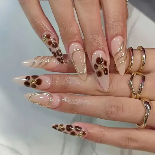 [401086] Beautiful Nails ម៉ូតឆ្នូតមាសនិងផ្កា 24pcs