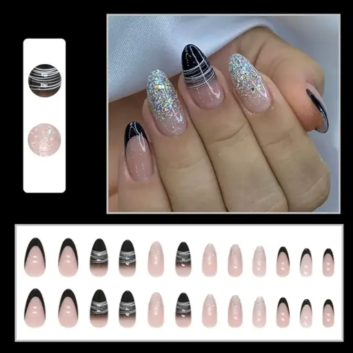 [401092] Reusable Nails ម៉ូតឆ្នូតសចុងខ្មៅនិងលាយផ្កេកៗ 24pcs