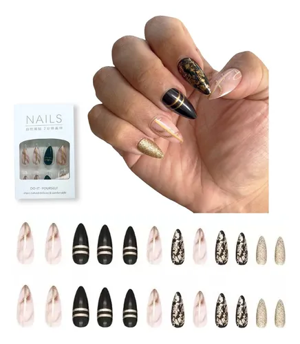 [401098] Nails Delicate&Comfortable ម៉ូតពណ៌ខ្មៅនិងឆ្នូតមាសកណ្ដាល 24pcs