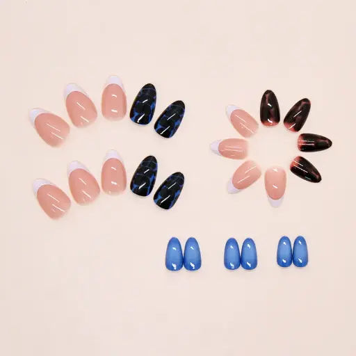 [401099] Nails Delicate&Comfortable ម៉ូតពណ៌សាច់និងខ្មៅលាយឆ្នូតខៀវ 24pcs